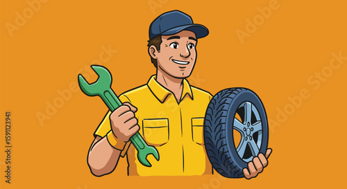 Car Mechanic Cartoon Character with Tire and Wrench