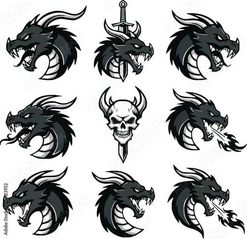 Wallpaper Mural Nine stylized dragon head logos, various expressions, some with swords or skulls. Torontodigital.ca