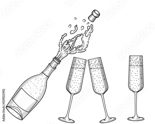 Open and exploding champagne bottle and glasses vector hand drawn sketch style illustration. Sparkling festive wine with glasses being clink set line art. Retro engraving of alcoholic drink.