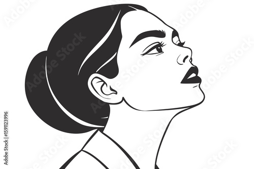 A confident woman with bold, thick eyebrows and sleek black hair stares directly ahead, lips slightly parted, in modern flat illustration style.