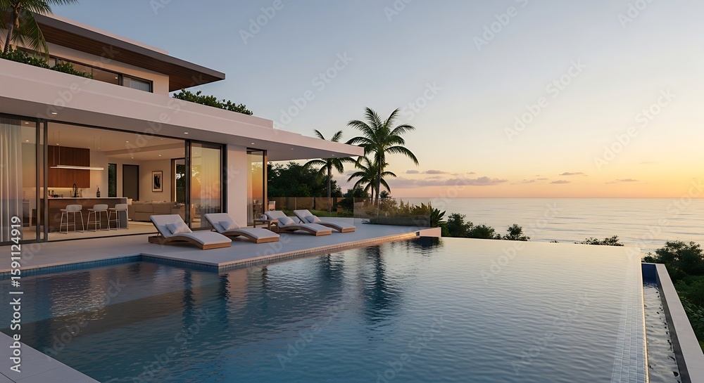 Fototapeta premium Luxurious villa with infinity pool overlooking the ocean at sunset creating a serene tropical