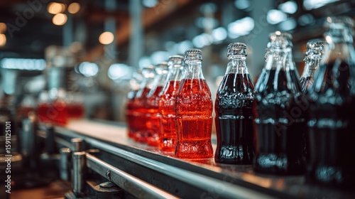 Bottles on conveyor belt in beverage factory