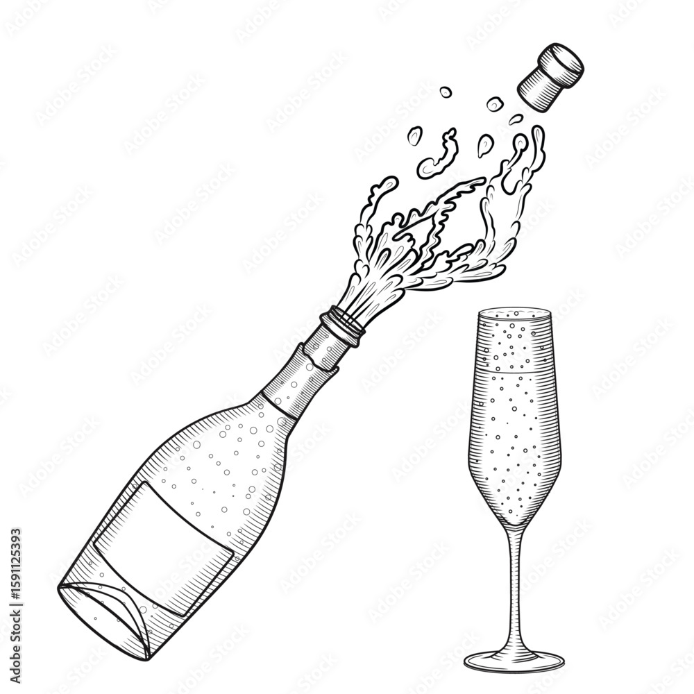 Bottle of opening and exploding champagne with glass vector hand drawn sketch style illustration. Line art of festive sparkling alcoholic drink. Retro engraving for bar and menu.