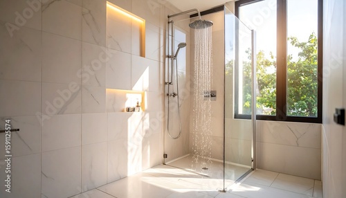 Modern bathroom shower area bathed in sunlight