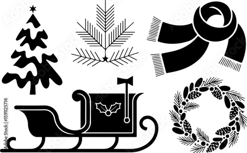 Vector illustration of a set of christmas icons, icon, vector, set, symbol, illustration, christmas, sign, tree, icons, design, silhouette, hat, black, gift, travel, art, holiday, vintage, decoration,