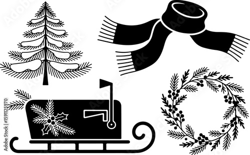 Vector illustration of a set of christmas icons, icon, vector, set, symbol, illustration, christmas, sign, tree, icons, design, silhouette, hat, black, gift, travel, art, holiday, vintage, decoration,