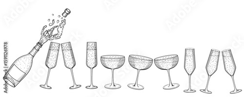 Open and exploding champagne bottle and glasses vector hand drawn sketch style illustration. Sparkling festive wine with glasses being clink set line art. Retro engraving of alcoholic drink.