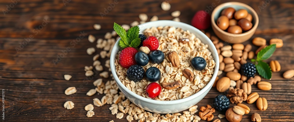 Fototapeta premium Nutritious oatmeal with berries and nuts on rustic wood, oatmeal, countryside