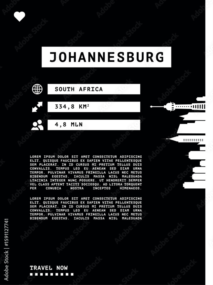 Naklejka premium Johannesburg, South Africa vector infographics, brochure black and white layout. Guide, leaflet, flyer, graphic template with text, information, skyline contour. Page, festival, cover mock up image