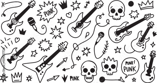 Seamless pattern of hand-drawn musical instrument icons and silhouettes, including guitars, pianos, and drums, perfect for a vintage music-themed design