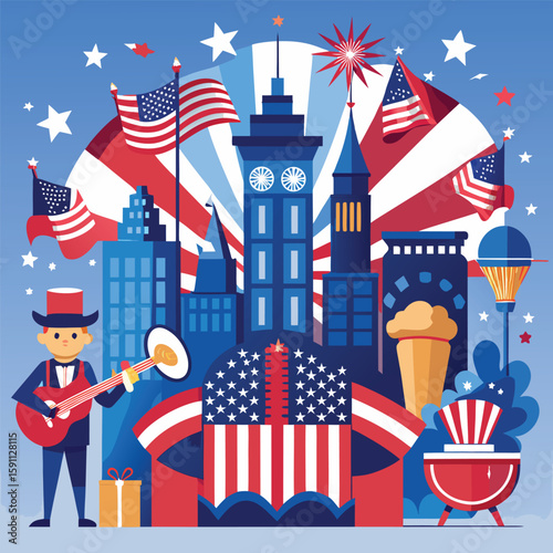 Vibrant vector illustration of a patriotic USA flag with stars and stripes, perfect for Fourth of July Independence Day celebrations