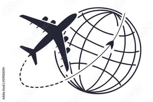 Airplane circumnavigating the globe with a dashed flight path