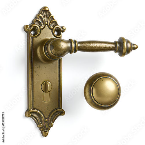 Old door handle and lock on white background