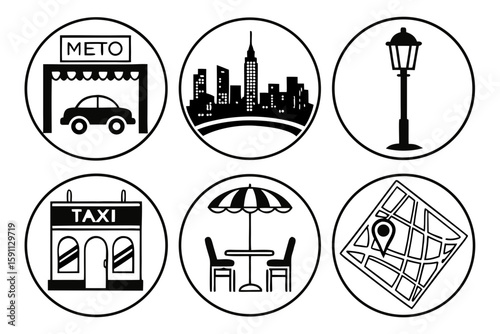 City life icons including metro, taxi, cafe, and map