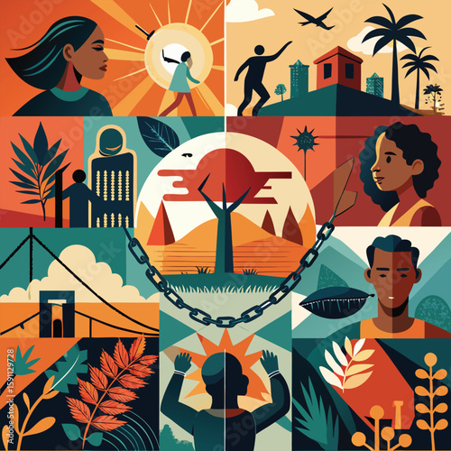 Vibrant cartoon vector art depicting a tropical island beach with a pirate ship and people enjoying a summer holiday