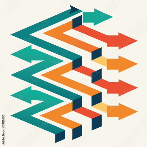 Abstract 3D render of a modern building with circular arrows, a dynamic business concept illustration