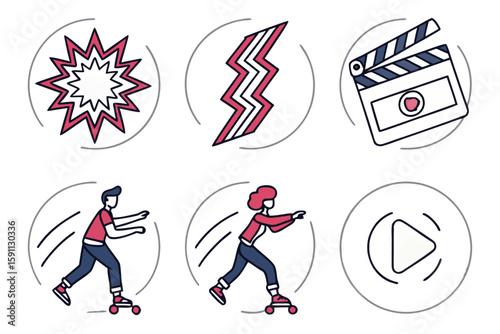 Set of six icons depicting action, film, and movement