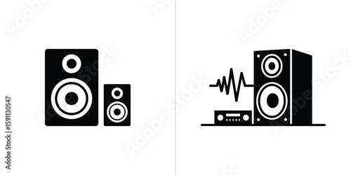 Audio System with Loudspeakers, Sound Wave and Two Box Shaped Black Speaker Isolated