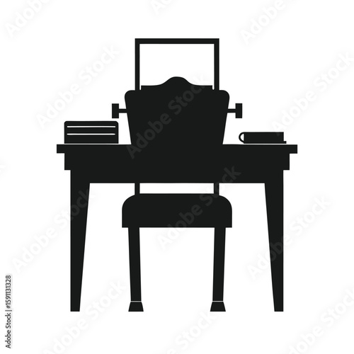 Classic typewriter on a wooden desk with a comfortable chair illustration for vintage design projects