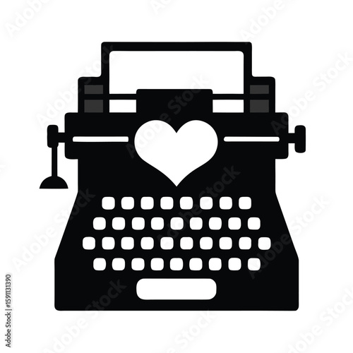 Vintage typewriter silhouette creatively forms a romantic heart shape with classic typography elements