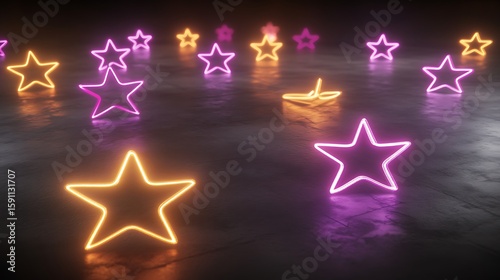 Neon stars on a dark floor