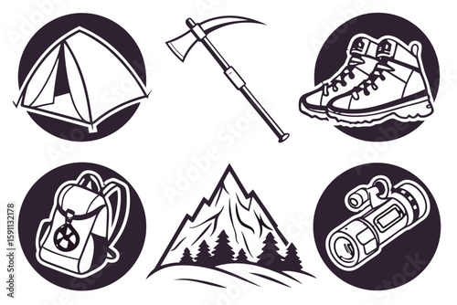 Collection of outdoor adventure and camping gear icons