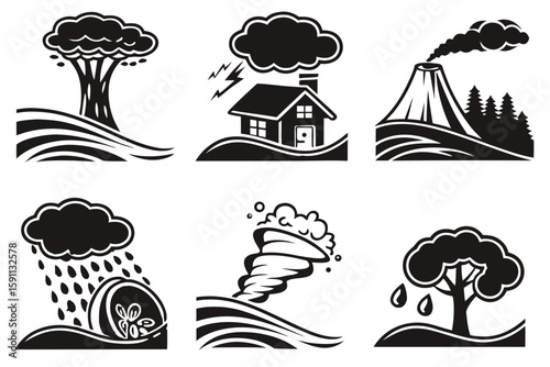 Illustrations of natural disasters like storms, volcanoes, and floods
