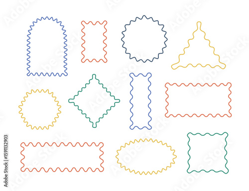 Wavy, zigzag borders geometric shapes, figures. Color line edges vector square, arc, oval, round, rectangle forms