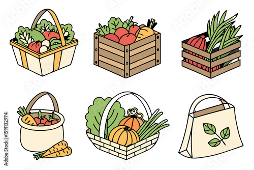 Collection of fresh vegetables and fruits in baskets and crates