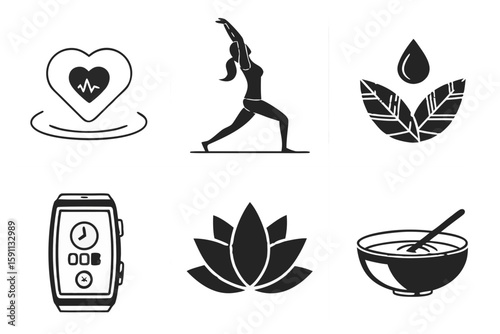 Set of icons representing health, wellness, and fitness