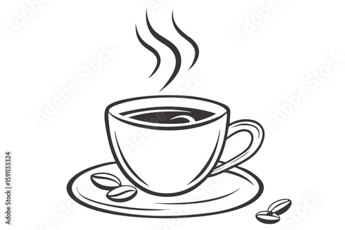 A steaming cup of hot coffee with coffee beans