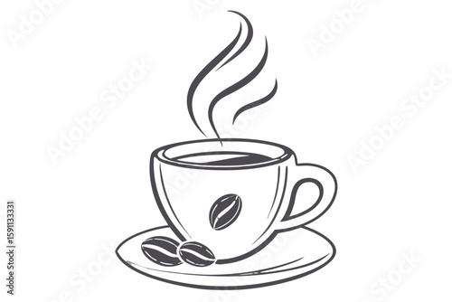 A steaming cup of hot coffee with coffee beans
