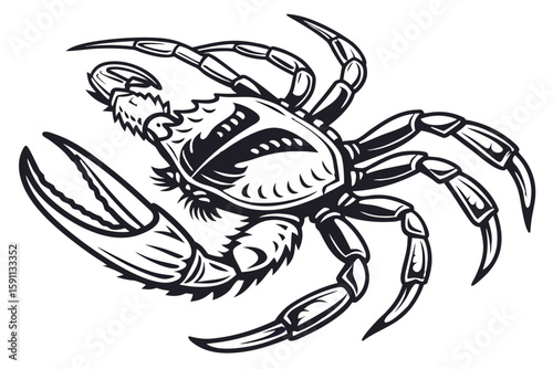 A black and white illustration of a crab with claws