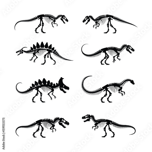 Fossil Dinosaur Skeleton Silhouette Icon Set Vector Illustration