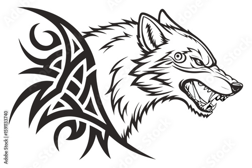 Tribal wolf head with fierce expression