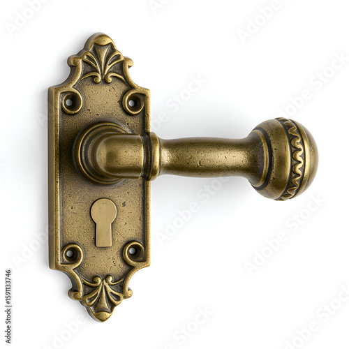 Old door handle and lock on white background