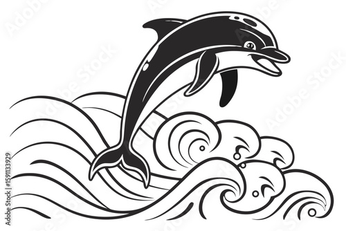 A dolphin jumps out of a wave in this illustration