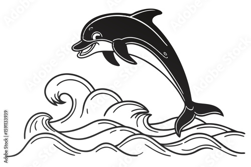 A dolphin leaps from a wave in this simple drawing