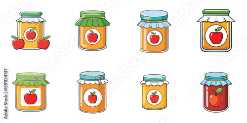 Multiple vector illustrations of bottles with labels with apple on them

