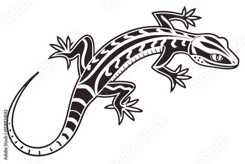 A stylized black and white illustration of a gecko lizard