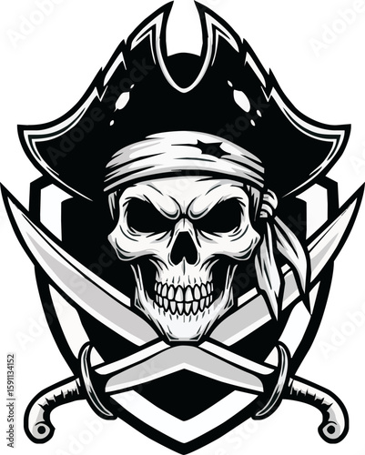 A menacing pirate skull, adorned with a tricorn hat and bandana, is centrally positioned within a shield, flanked by crossed cutlasses.