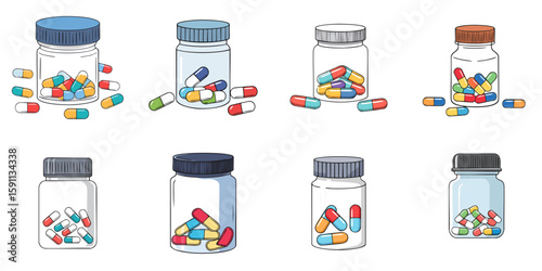 Multiple vector illustrations of medicine capsules in jars

