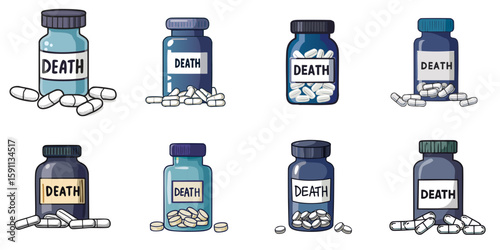 Multiple vector illustrations of bottles with labels with "DEATH" text on them