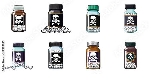 Multiple vector illustrations of bottles with labels with skull and crossbones on them, tablet