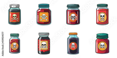 Multiple vector illustrations of bottles with labels with skull and crossbones on them, hot sauce

