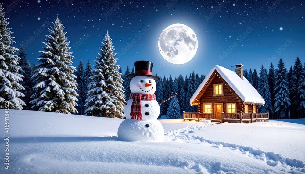 Obraz premium Snowy night scene with snowman and cabin