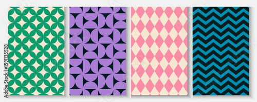 Abstract geometric posters, cards, banner background. set of Seamless print of minimal modern shapes and forms, contemporary backdrop for ads promo and covers. Vector texture collection  Retro Groovy.