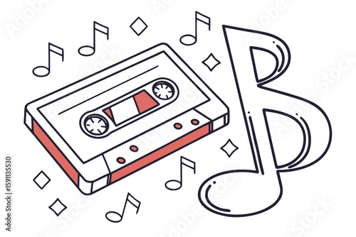 A cassette tape with musical notes and sparkles