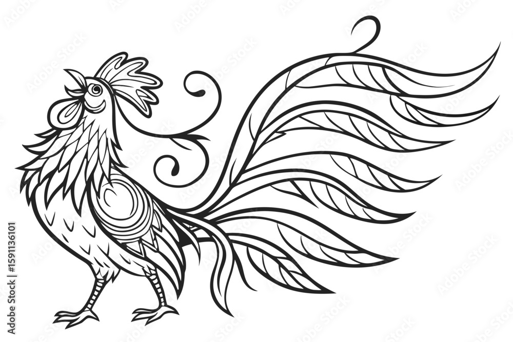 Obraz premium Ornate rooster illustration with flowing tail feathers