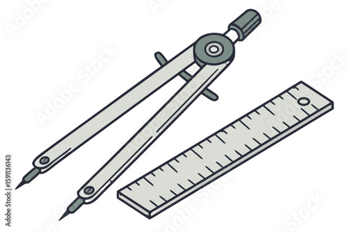 Metal drawing compass and ruler for technical measurements